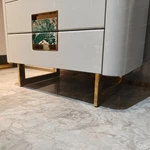 High-Gloss White Tall Sideboard Cabinet with Five Drawers Green Stone Inlay Pulls Rounded Corners and Gold-Tone Stainless Steel Base